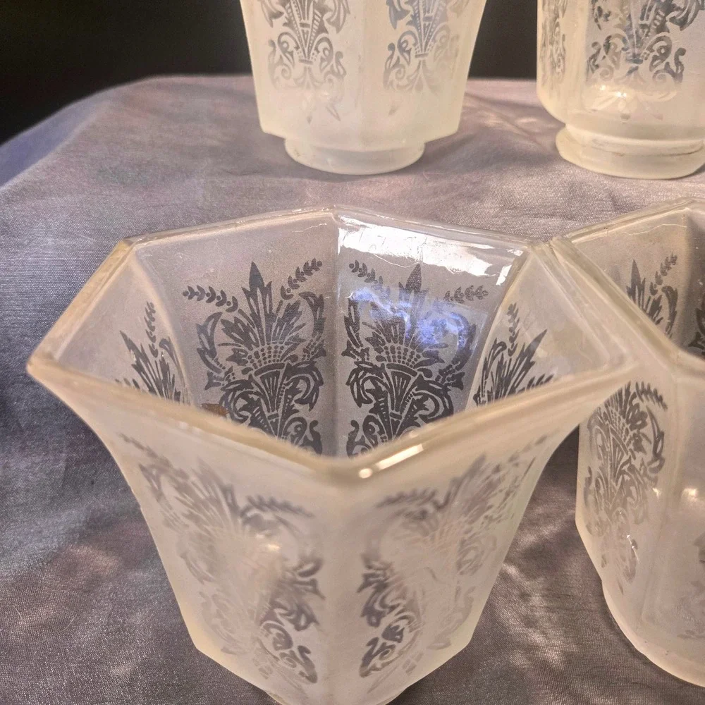 Art Deco Frosted Etched Glass Lamp Shades Set of 4 Hexagonal Vintage 1930s‎